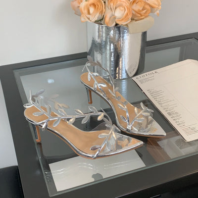 2025 Summer Ladies High Heels Fashion Pointed Leaf Gold Silver High Heel Sandals Women Party Wedding Shoes