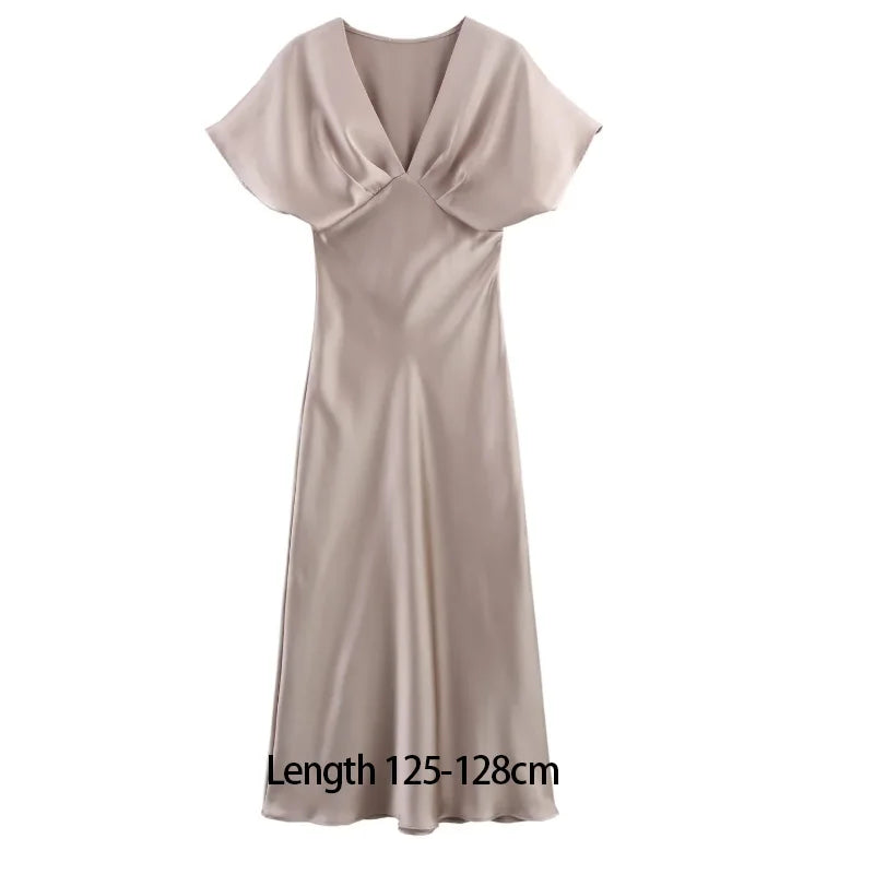 TRAF 2025 Woman Fashion Silk Texture Midi Dress Casual Slim Short Sleeve V Neck Midi Long Dresses Vestidos Mujer
