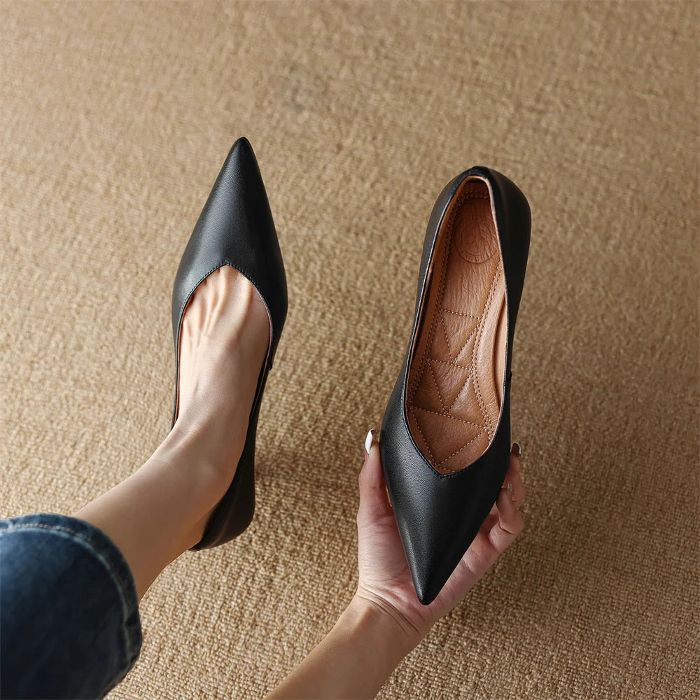 plus size 34-42 women's genuine leather 4.5cm kitten heel pointed toe slip-on pumps elegant ladies low heeled shoes