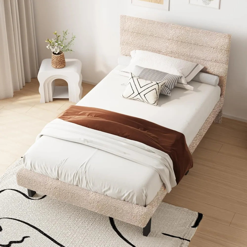 Twin Bed Frame for Kids,Boucle Upholstered Platform Bed with Adjustable Headboard,Sturdy Wood Slats Support,Cloud Single