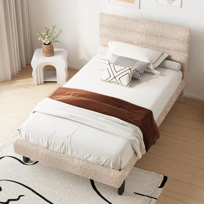 Twin Bed Frame for Kids,Boucle Upholstered Platform Bed with Adjustable Headboard,Sturdy Wood Slats Support,Cloud Single