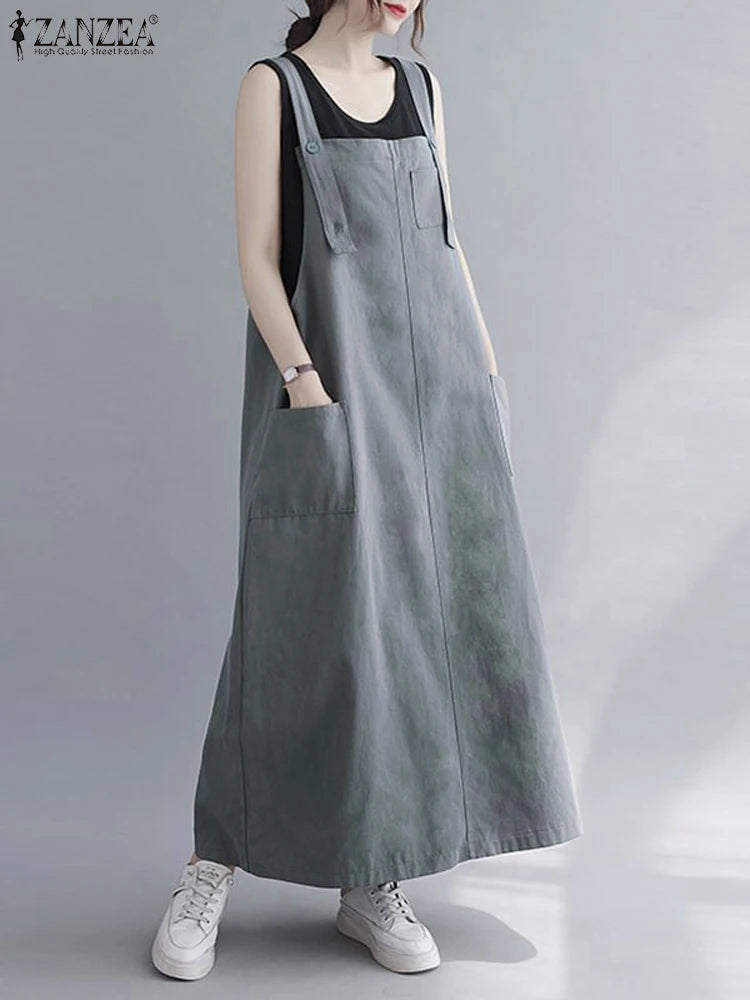 Women Sleeveless Maxi Dress Fashion Workwear Pockets Vestidos 2023 Summer Adjustable Shoulder Straps Dresses Streetwear