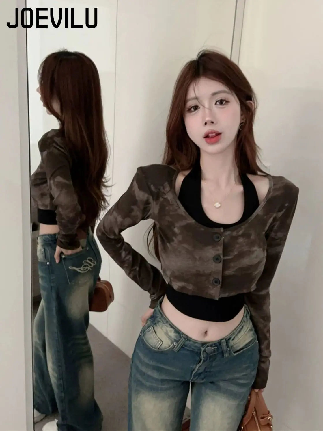 Y2k Halter Top Tie Dye Long Sleeved T Shirts Strap 2 Piece Set Korean Sexy Slim Fit Crop Tops Autumn Girl Interior Harajuku Tee