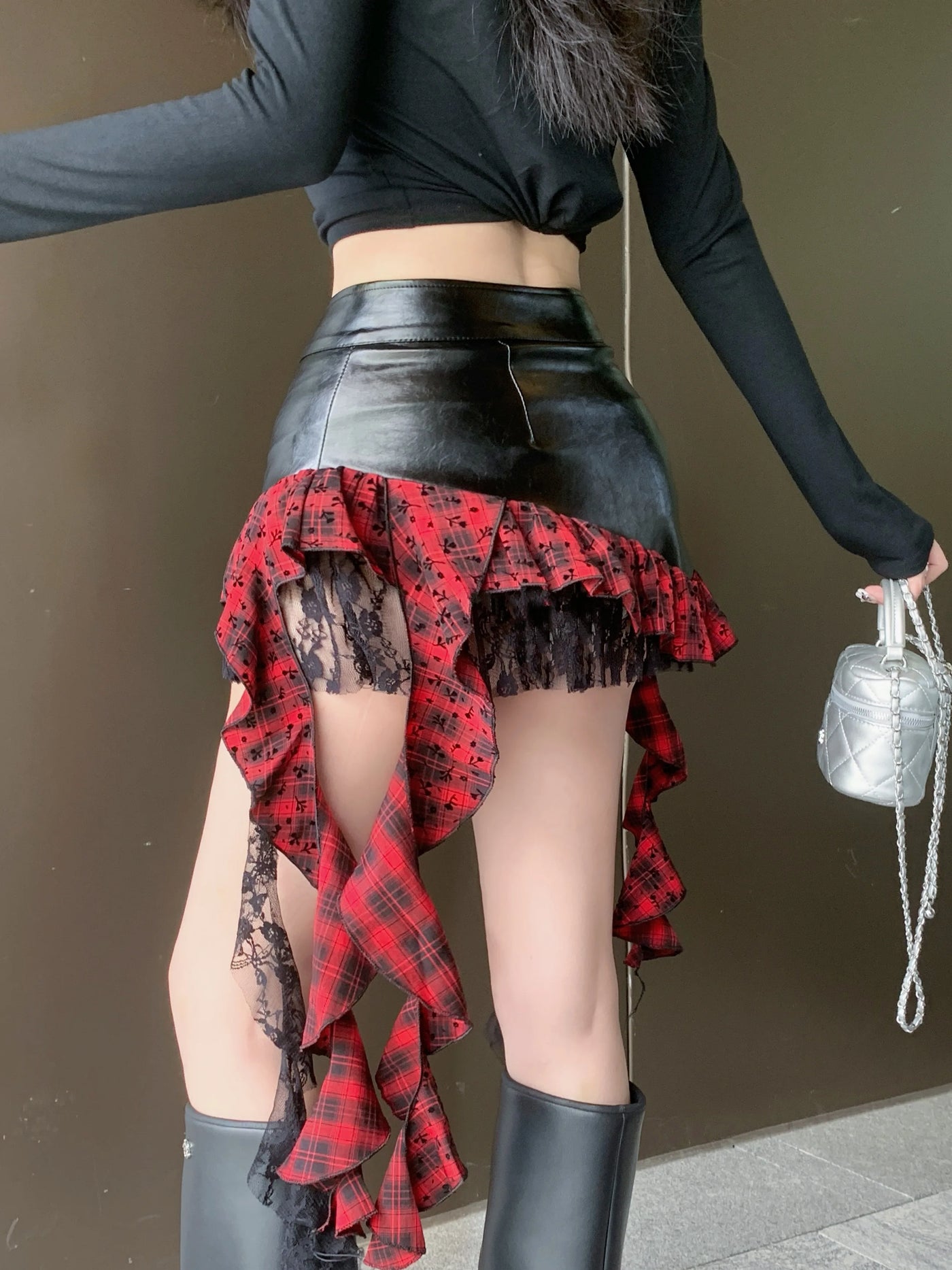 Faux Leather Mini Skirt with Plaid Ruffle Lace Trim Heart-Shape Buckle Asymmetrical Miniskirt Teen-girl e-girl Y2k Grunge Outfit
