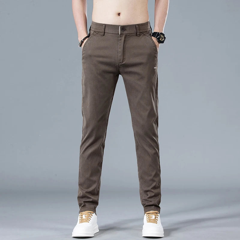New Mens Summer Ice Silk Casual Pants Mid-Waist Elastic Straight Business Trousers 3 Colors Fashion Comfortable Man Pants