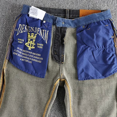 Vintage wash blue to do old simple embroidered jeans men fit small straight leg American trend personality youth pants