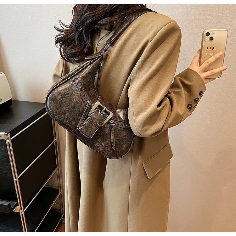 Retro Belt Design PU Leather Shoulder Bags for Women 2024 Y2K Small Vintage Female Underarm Crossbody Bag Fashion Handbags