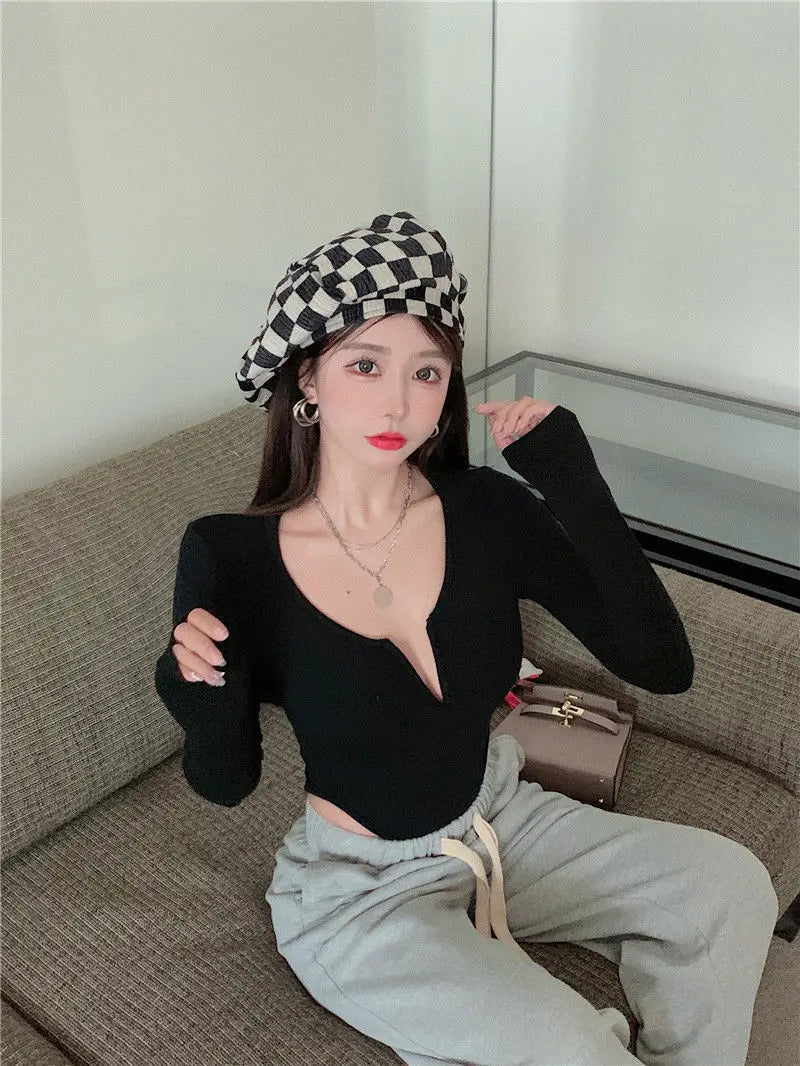 Women's Slim Bodysuit Sexy Solid Color Long Sleeve T-shirt Korean Skinny Top Club Party Festival Outfit Black Gothic One-pieces