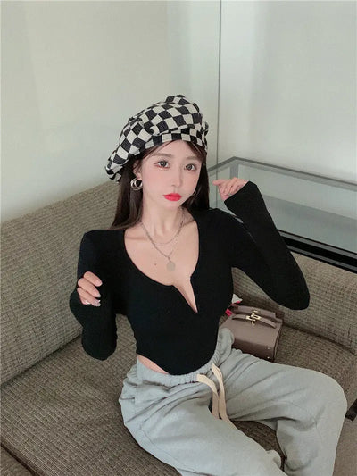 Women's Slim Bodysuit Sexy Solid Color Long Sleeve T-shirt Korean Skinny Top Club Party Festival Outfit Black Gothic One-pieces