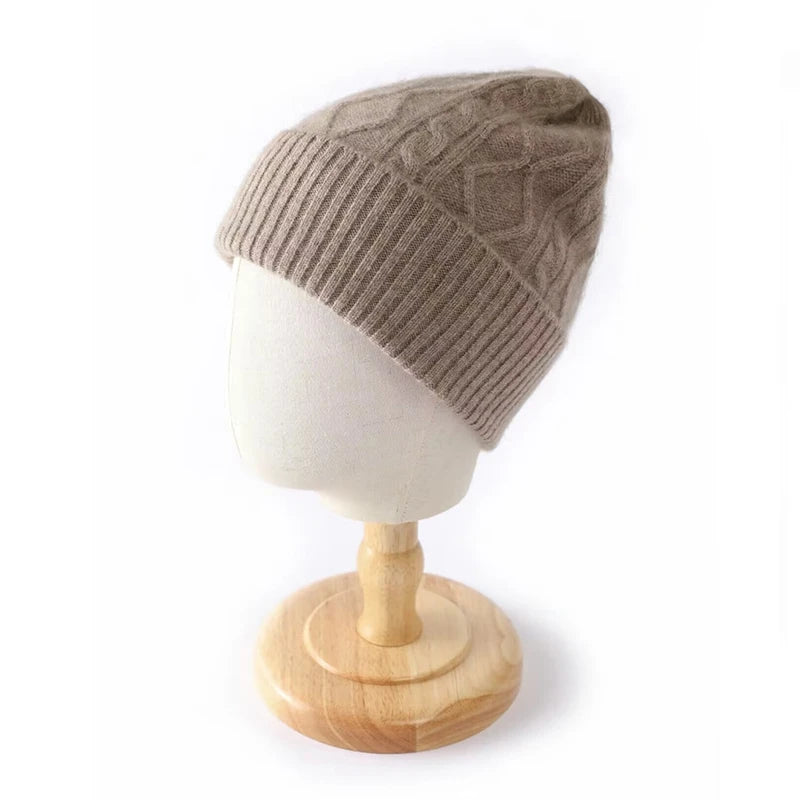 100%Pure Cashmere Women's Winter Hat 2023 Warm Wool Soft Beanie Bonnet y2k Rhombus Luxury Beanies For Lady Knitted Skullies Cap