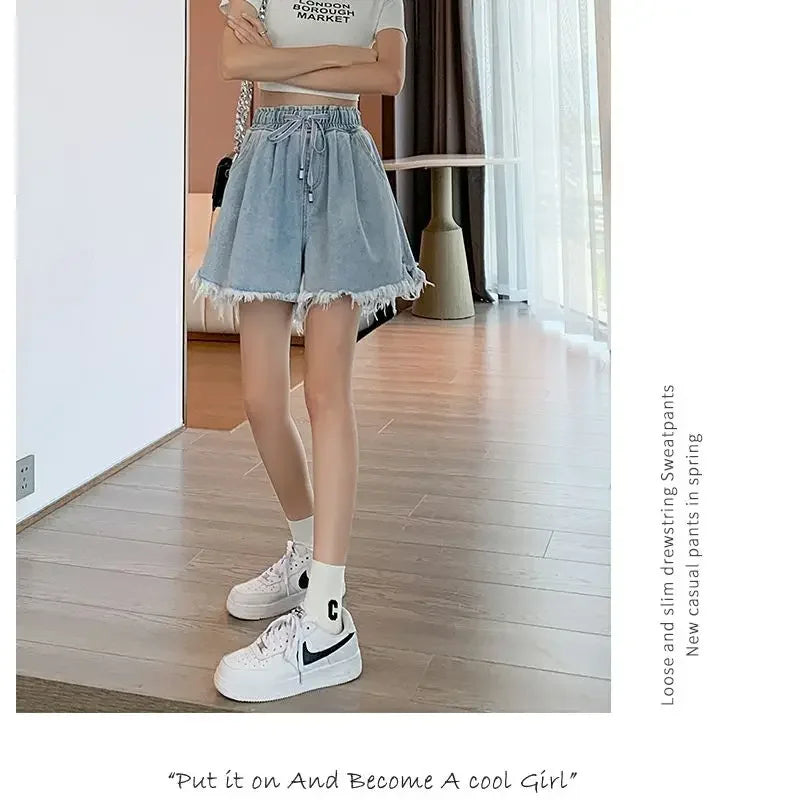 Korean Simplicity High Waist Wide Leg Denim Shorts Fashion Women's Clothing Summer Female All-match Loose Drawstring Shorts