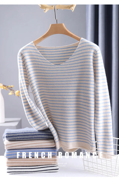 New Striped V-neck Sweater Women's All-Match Loose Sweater Fall Winter Fashion Bottoming Shirt Inner Wear Blouse