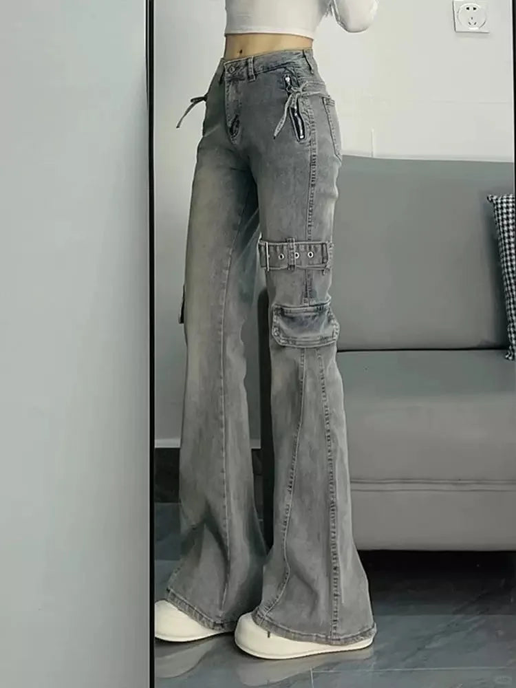 Y2K Patchwork Cargo Jeans Women High Waist Flared Denim Pants Buckle Strap Lace-Up Design Streetwear Retro Bell Bottom Trousers