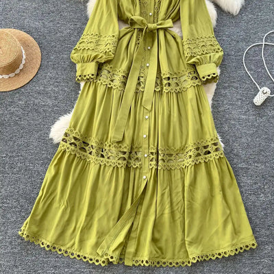 Elegant Long Maxi Hollow Out Dress Shirt Women Summer Autumn Palace Retro Pearl Button Embroidery Crochet Evening Party Vestidos