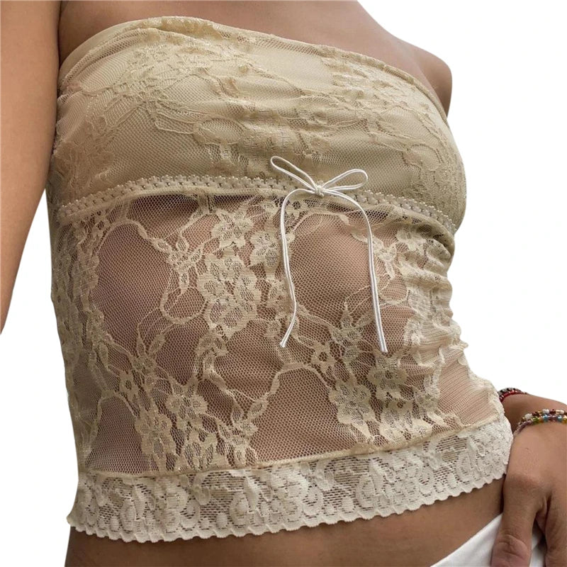 Xingqing y2k Off Shoulder Top Women Fairy Grunge Clothes Summer Sleeveless Lace Trim Patchwork Strapless Tshirt 2000s Streetwear