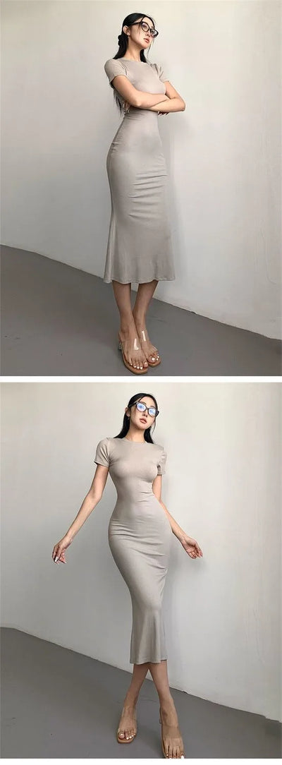 Women's Sexy Slim Fishtail Dresses Temperament Long Dress Short-sleeved Pure Desire To Show Figure Tight Beautiful Hip Skirt