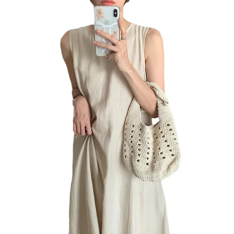 Hebe Style French Sleeveless Hollow out Vest Unique Elegant Black Summer Long Dress Women Backless Dress round Neck Ankle-length