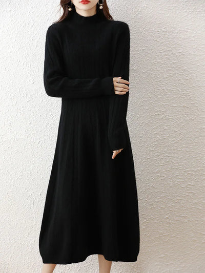 Elegant Fashion Dresses Cashmere Sweater Knitted Long Dress 100% Merino Wool Women Turtleneck Office Skirt Autumn Winter Clothes