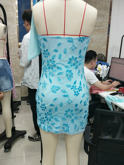 hirigin Fashion Women Summer Sequin Mini Bandeau Dress Sleeveless Off Shoulder Flower Embroidery Tube Top Dress with Scarf