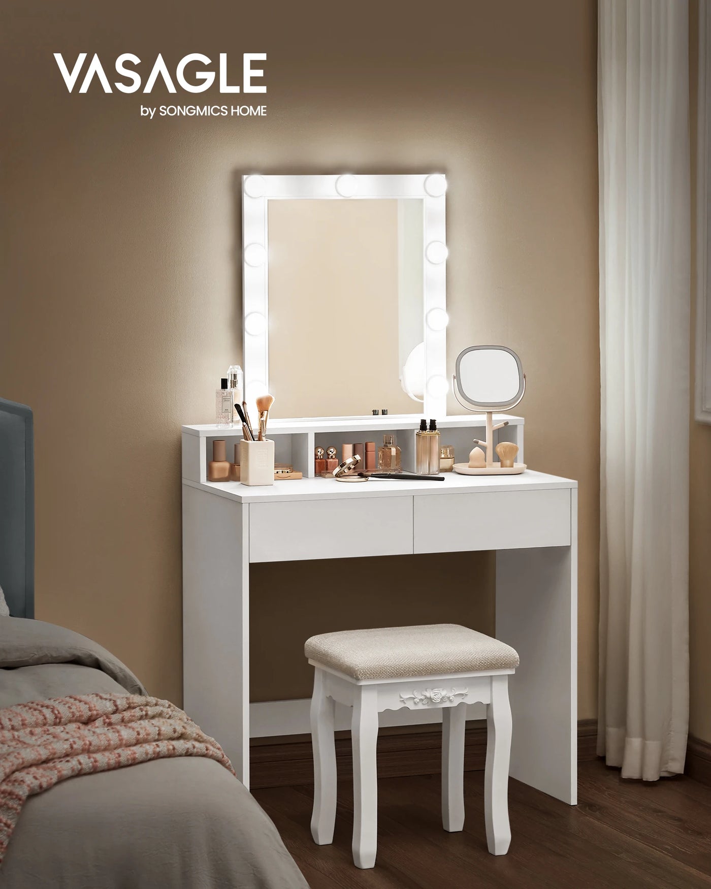 Tocador Moderno Negro con Luces LED de Brillo Ajustable, Mesa de Maquillaje con Espejo, 2 Cajones y 3 Compartimentos