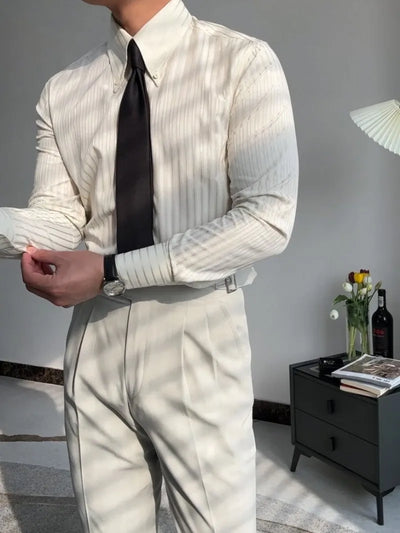 New Daily Business Leisure Mens Stripe Shirt Vintage Single Breasted Slim Fit Office Man Slim Fit Shirts Turn-Down Collar Tops