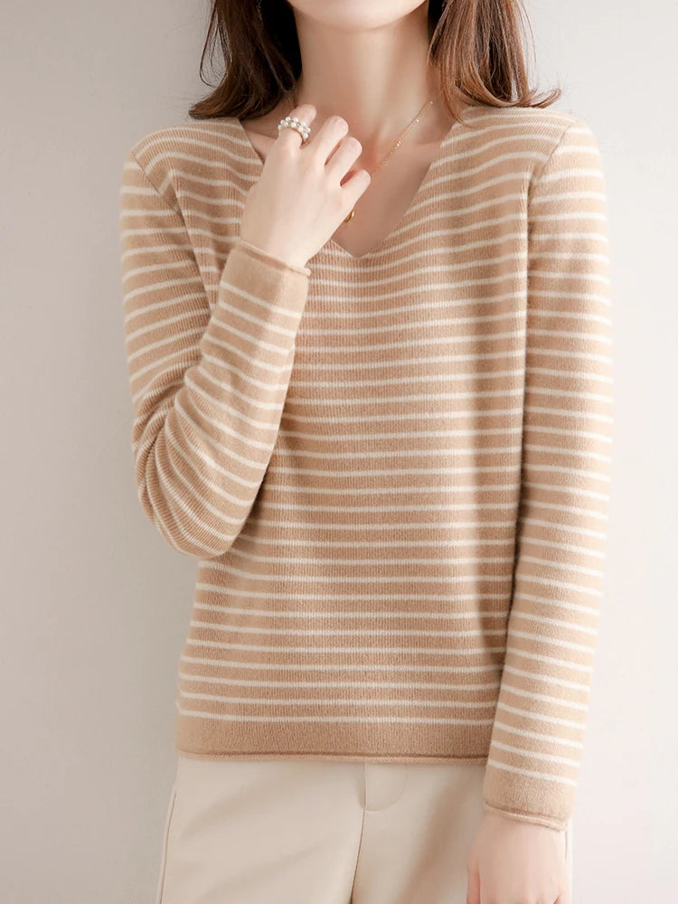New Striped V-neck Sweater Women's All-Match Loose Sweater Fall Winter Fashion Bottoming Shirt Inner Wear Blouse