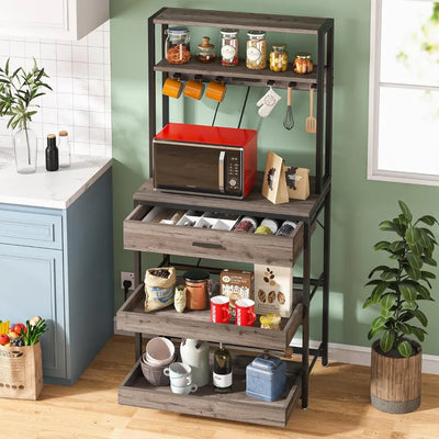 Bakers Rack with Power Outlets, 5-Tier Kitchen Storage Shelf, Microwave Oven Stand with Drawer, 65”H Coffee Bar Table