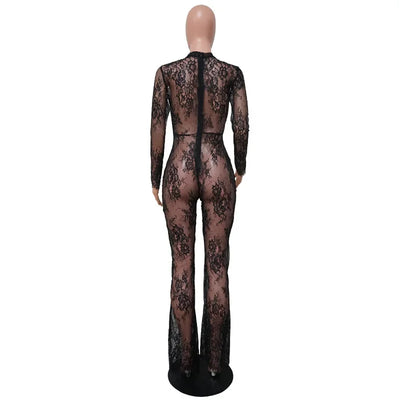 DSMTRC Long Sleeve One Pieces Wide Leg Jumpsuit Women Summer Clothes Fashion Black Lace Perspective Sexy Night Club Outfits