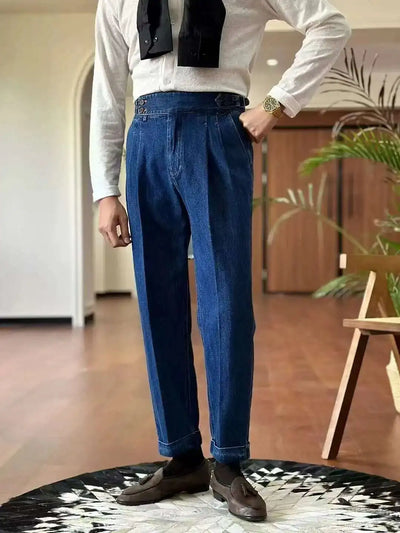 High Quality Double Pleated Jeans Straight Leg Pant Naples Straight Tube Loose Washed High Grade Business Pant Men Dress Trouser