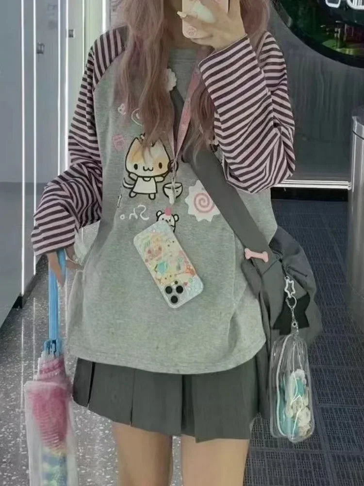 Y2k Harajuku Kawaii Striped Hoodie Women Japanese Fashion Patchwork Cartoon Print Sweatshirt Female Autumn 2023 New In