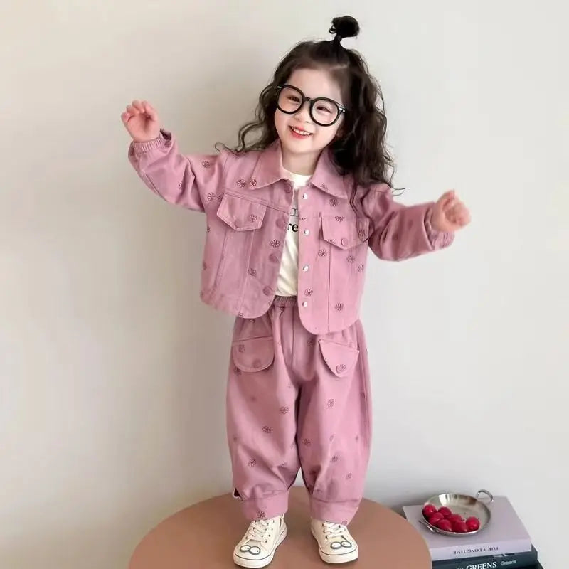 Girls Coat and Pants Two Piece Set 2025 Spring and Autumn New Korean Fashion Floral Casual Coat and Pants Two Piece Set Trend