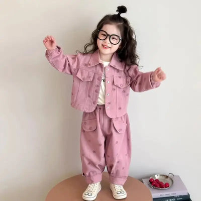 Girls Coat and Pants Two Piece Set 2025 Spring and Autumn New Korean Fashion Floral Casual Coat and Pants Two Piece Set Trend