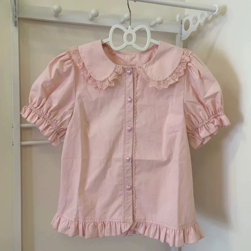 Puff Short Sleeve Lace Ruffles Blouse