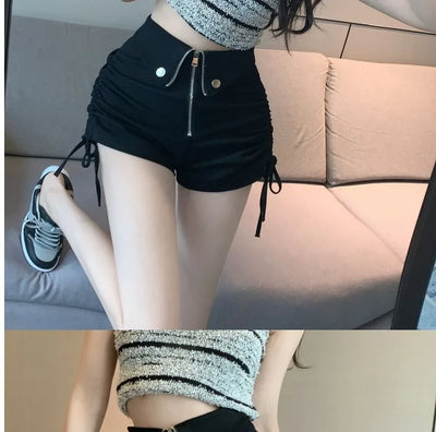 Women's High Waist White Shorts  Summer Spice Girls Drawstring A-line Short Hot Pants  Trendy Lace Up Zip Up Button Down Shorts