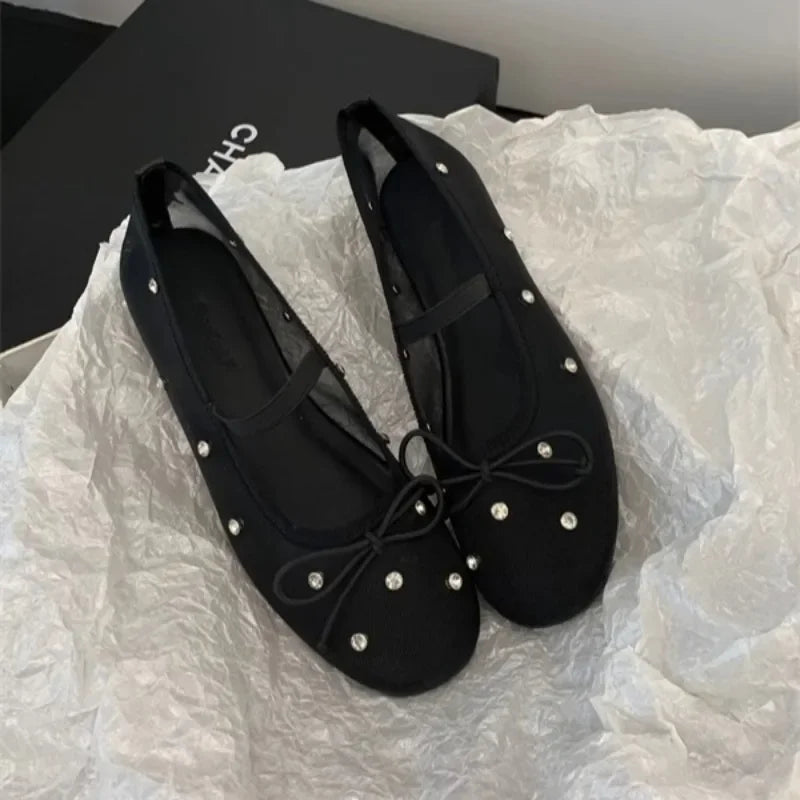 Fashion Women's Shoes 2025 Design Rhinestone Mesh Breathable Shallow Mouth Single Shoes Flat Ballet Elegant Bow Zapatos Mujer