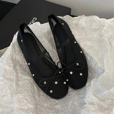 Fashion Women's Shoes 2025 Design Rhinestone Mesh Breathable Shallow Mouth Single Shoes Flat Ballet Elegant Bow Zapatos Mujer