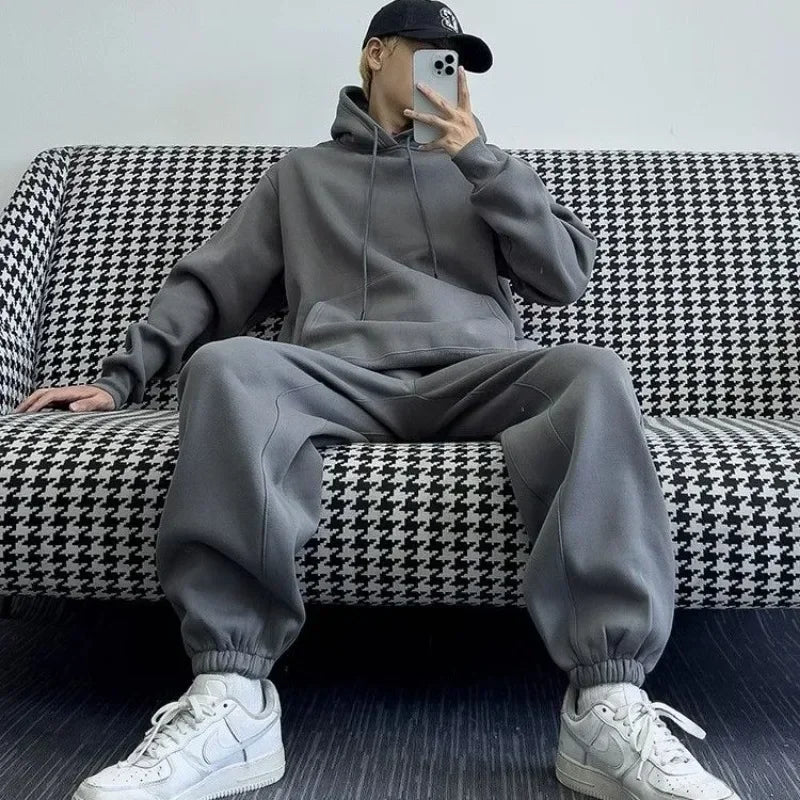 Hooded Sweatshirt Men's Autumn Winter Velvet Two-piece Set American Oversize Loose Casual Sweatpants Suit Aesthetic Streetwear