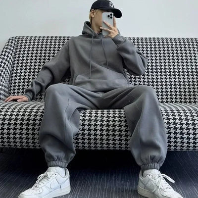 Hooded Sweatshirt Men's Autumn Winter Velvet Two-piece Set American Oversize Loose Casual Sweatpants Suit Aesthetic Streetwear