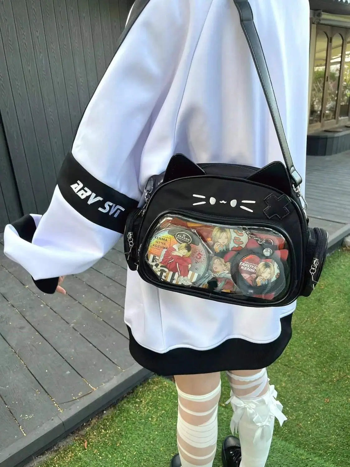 JIAERDI Kawaii Cat Ita Bag Lolita Y2K Backpack Female Cute PU Shoulder Bag Girl Transparent Pocket Harajuku Crossbody Bag Women