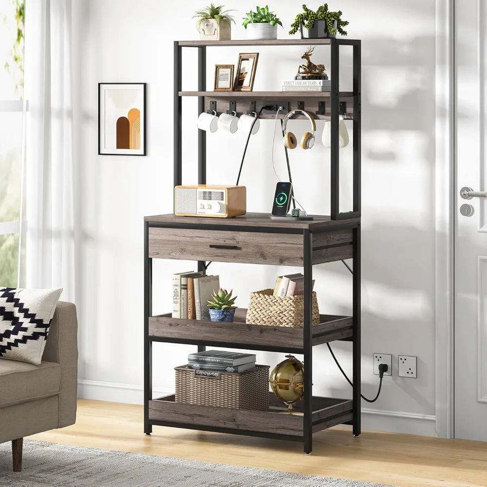 Bakers Rack with Power Outlets, 5-Tier Kitchen Storage Shelf, Microwave Oven Stand with Drawer, 65”H Coffee Bar Table