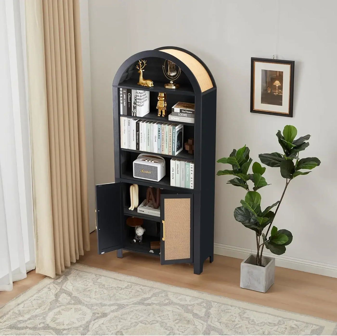 71" Tall Arched Bookcase with Storage, Modern 6-Tier Arched Cabinet with Door,Arched Bookshelf Cabinet with Open Display Storage