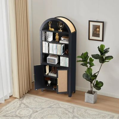 71" Tall Arched Bookcase with Storage, Modern 6-Tier Arched Cabinet with Door,Arched Bookshelf Cabinet with Open Display Storage