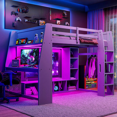 Full size bed frame Gaming Loft Bed with Desk, Multi-storage Shelves, LED and a Hanging Clothes Rack, Gray
