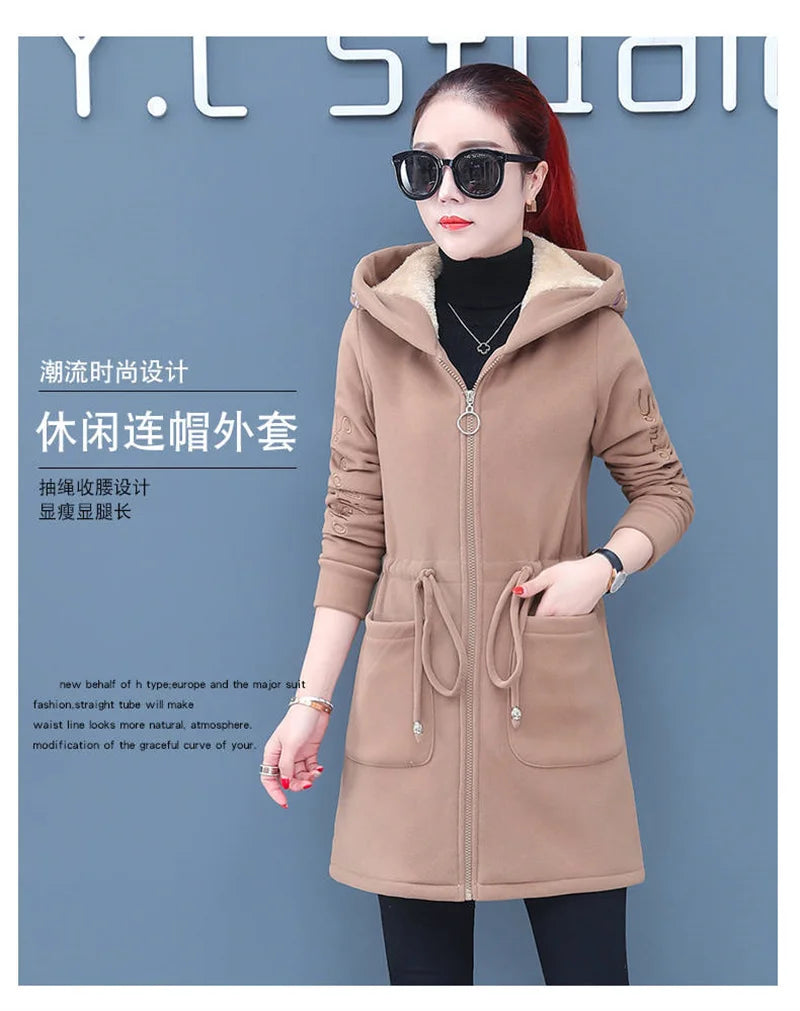 Plus Velvet Thicken Lamb Plush Coat Female 2024 New Autumn And Winter Parka Lace-Up Of Hooded Loose Long Trench Coat Embroid LA