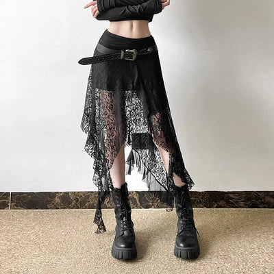 Y2K Goth Dark Irregular Hem Lace Patchwork Mid Skirts Women Streetwear Fairy Slim Pleat A-line Skirt Mall Goth Fashion Bottoms