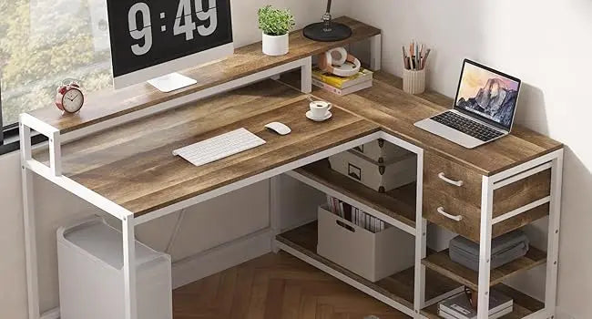 L Shaped Desk with Drawers and Storage Shelves, Home Office L Corner Desk with Monitor Stand, 55" x 24" Desktop Computer Desk