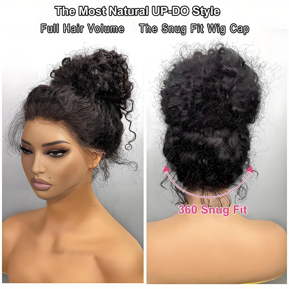 Water Wave 250% Density Invisi Strap 360 Full Lace Frontal Wig 30 inch Black Human Hair Drawstring Snug Kinky Curly Preplucked