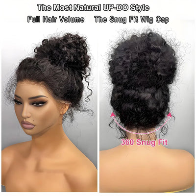 Water Wave 250% Density Invisi Strap 360 Full Lace Frontal Wig 30 inch Black Human Hair Drawstring Snug Kinky Curly Preplucked