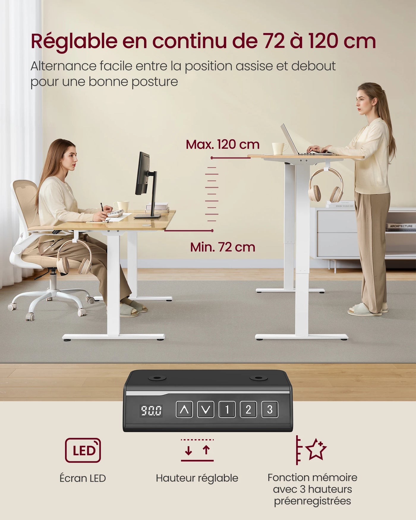 Electric Height Adjustable Desk, without Table Top, with 2 Hooks, 3 Height Memory Function, Steel, Matte White
