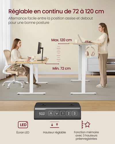 Electric Height Adjustable Desk, without Table Top, with 2 Hooks, 3 Height Memory Function, Steel, Matte White
